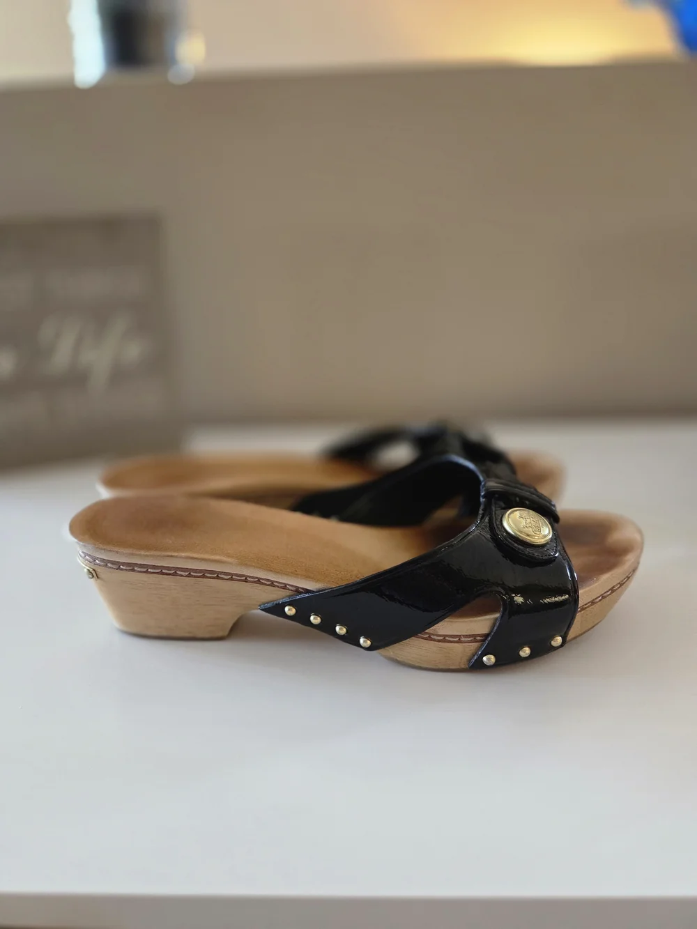 Coach Black Patent Leather Clog Mules with Gold Medallion 7.5B